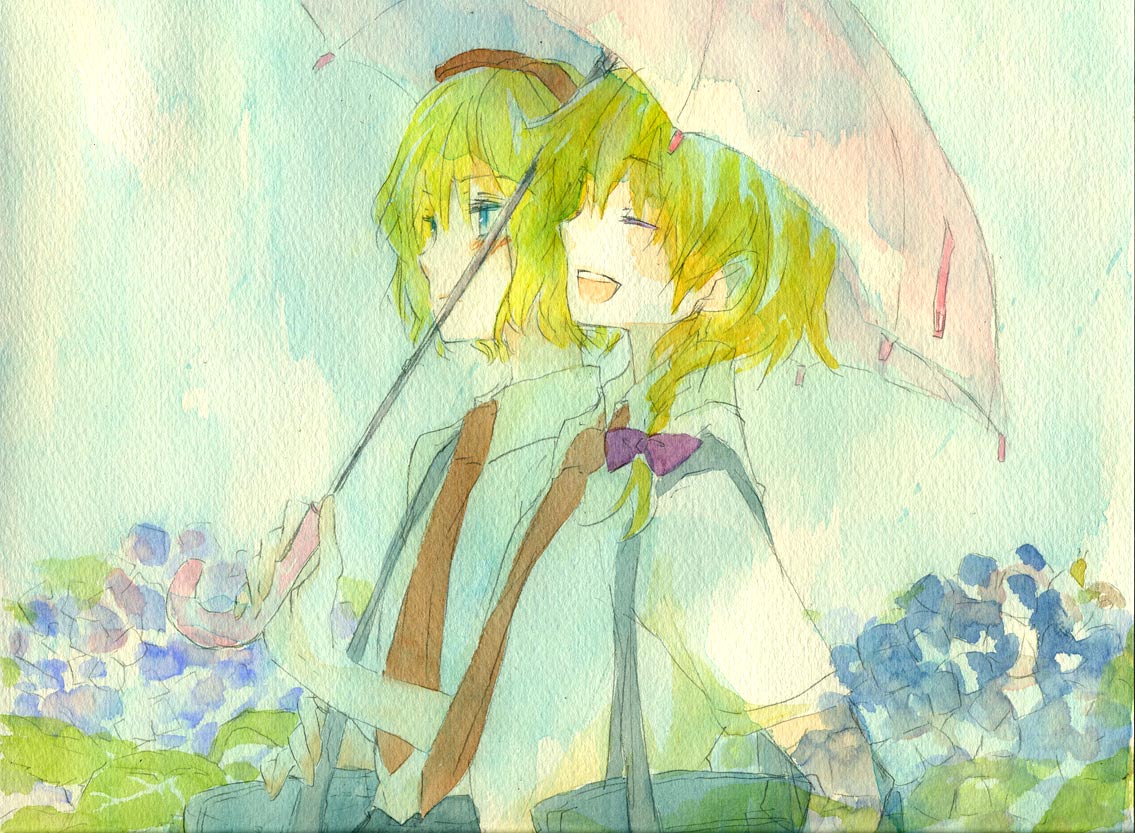 sugi, alice margatroid, kirisame marisa, touhou, bad id, bad pixiv id, painting (medium), traditional media, watercolor (medium), 2girls, alternate costume, blonde hair, blue eyes, braid, female focus, flower, hair ribbon, hairband, holding, holding umbrella, hydrangea, multiple girls, necktie, ribbon, school uniform, short hair, umbrella