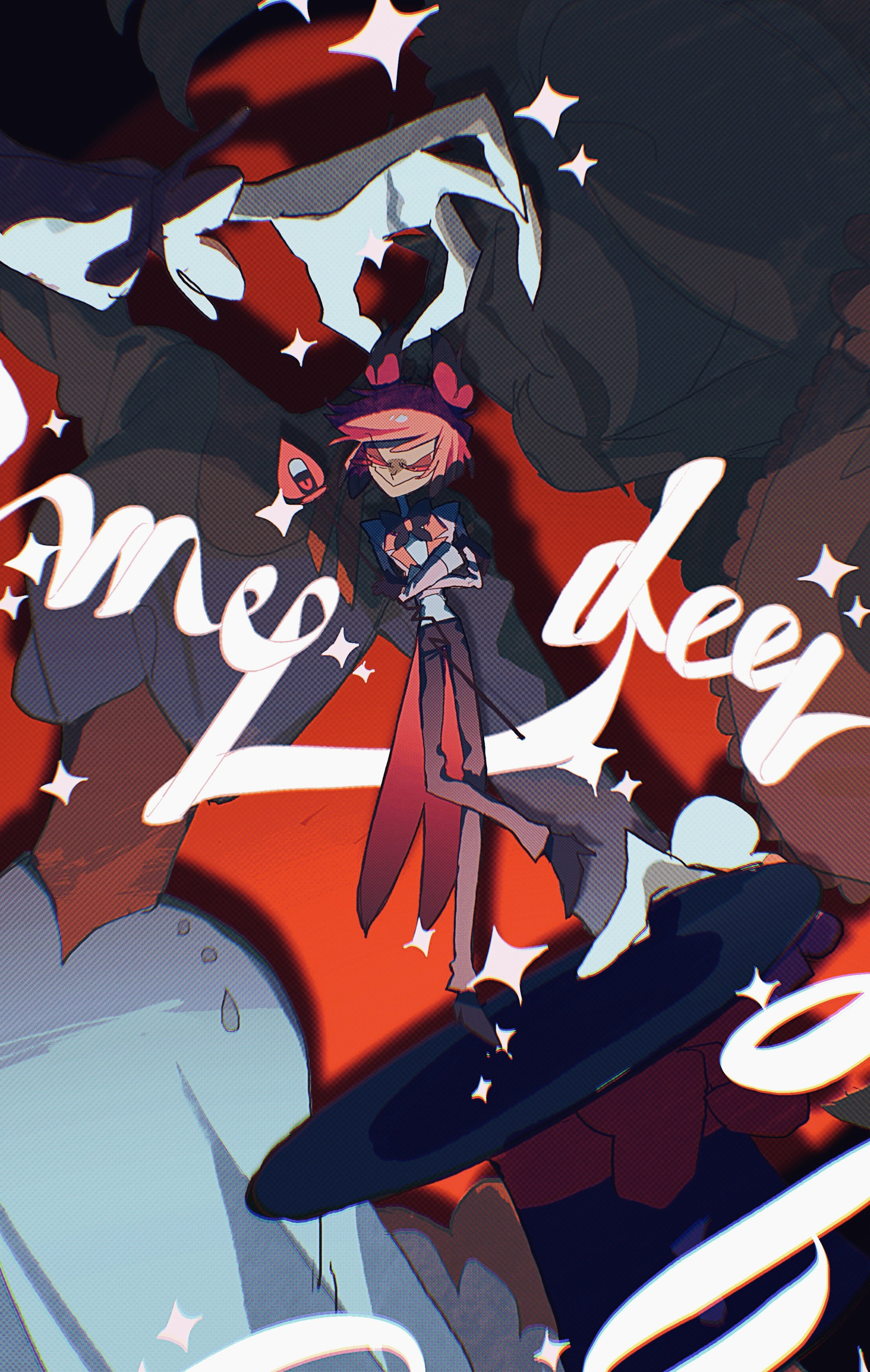 alastor (hazbin hotel), rosie (hazbin hotel), hazbin hotel, hellaverse, absurdres, commentary, highres, symbol-only commentary, 1boy, 1girl, black pants, collared shirt, dress, hikkoshi tanda, long dress, pants, pink shirt, red hair, shirt, short hair, white dress, white hair