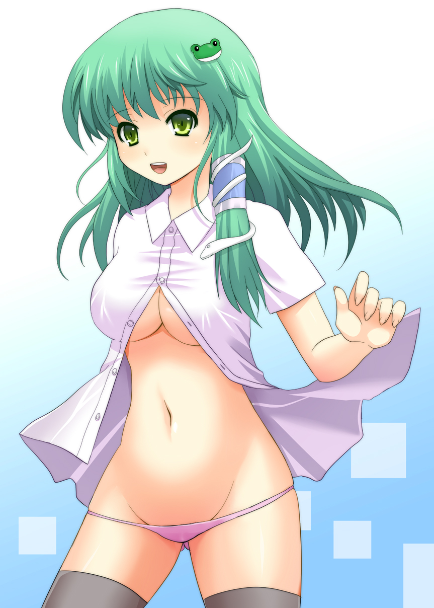 rick.black, kochiya sanae, touhou, highres, 1girl, breasts, dress shirt, female focus, green hair, groin, hair ornament, large breasts, long hair, lowleg, lowleg panties, no bra, no pants, open clothes, open shirt, panties, shirt, solo, thighhighs, underboob, underwear