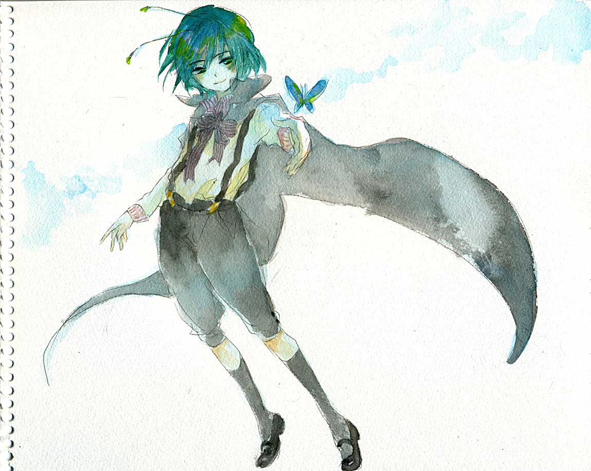 sugi, wriggle nightbug, touhou, bad id, bad pixiv id, painting (medium), traditional media, watercolor (medium), 1girl, androgynous, antennae, bug, butterfly, cape, female focus, green eyes, green hair, matching hair/eyes, reverse trap, short hair, solo, suspenders, white background