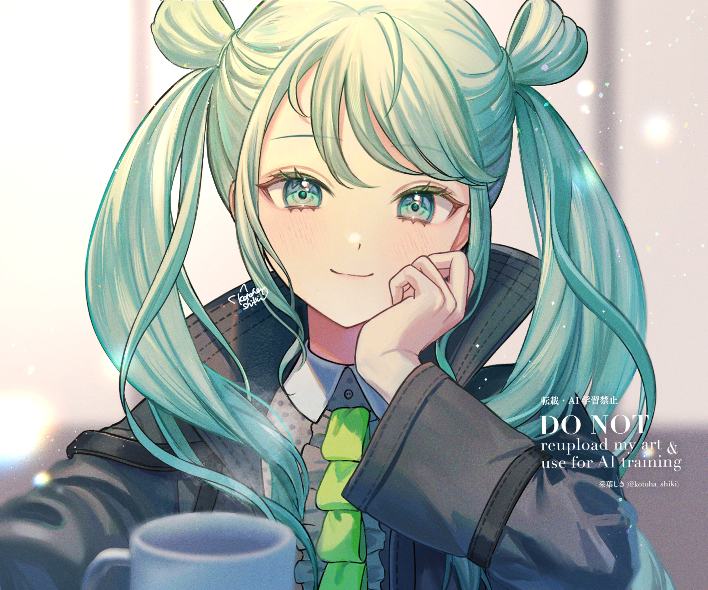 kotoha shiki, hatsune miku, vivid bad squad miku, project sekai, vocaloid, commentary request, 1girl, black jacket, blurry, blurry foreground, closed mouth, collared shirt, cup, double bun, green eyes, green hair, hair between eyes, hair bun, hand on own cheek, hand on own face, jacket, light blush, long hair, long sleeves, looking at viewer, shirt, smile, solo, twintails, upper body, very long hair, wide sleeves