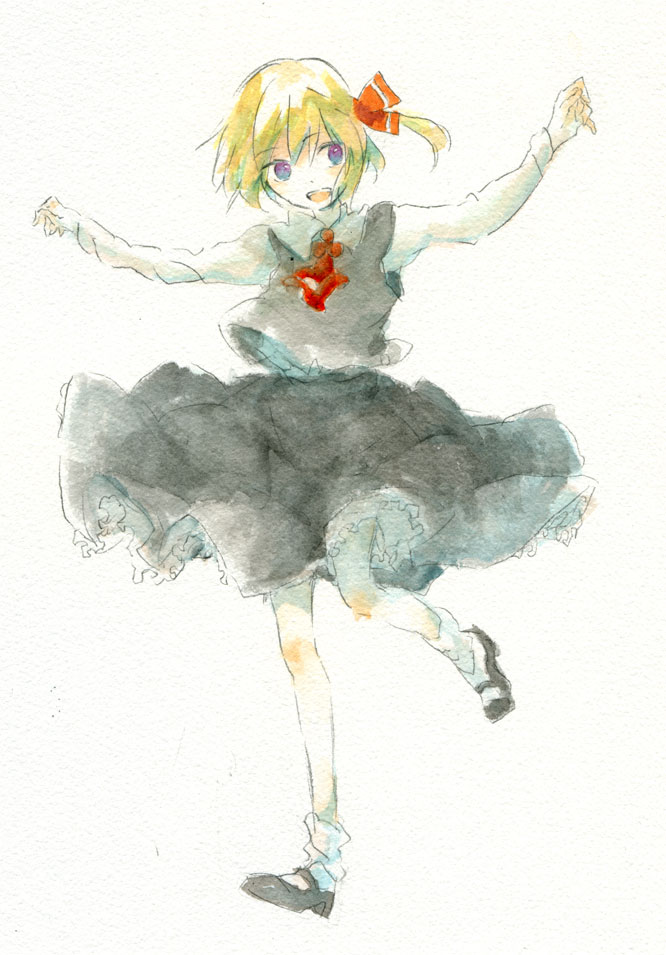 sugi, rumia, embodiment of scarlet devil, touhou, bad id, bad pixiv id, painting (medium), traditional media, watercolor (medium), 1girl, blonde hair, female focus, full body, hair ribbon, red eyes, ribbon, short hair, solo, white background