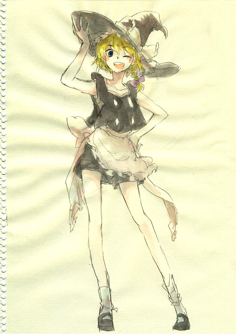 sugi, kirisame marisa, touhou, bad id, bad pixiv id, painting (medium), traditional media, watercolor (medium), 1girl, blonde hair, blue eyes, braid, female focus, full body, hair ribbon, hat, one eye closed, ribbon, shorts, sketch, skirt, solo, wink, witch, witch hat