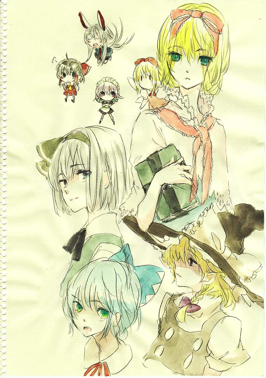 sugi, alice margatroid, cirno, hakurei reimu, izayoi sakuya, kirisame marisa, konpaku youmu, reisen udongein inaba, shanghai doll, touhou, silver hair, bad id, bad pixiv id, highres, painting (medium), traditional media, watercolor (medium), 6+girls, animal ears, blonde hair, blue eyes, blue hair, book, braid, green eyes, grimoire, grimoire of alice, hair ribbon, hairband, hat, maid, multiple girls, rabbit ears, ribbon, short hair, wings, witch, witch hat