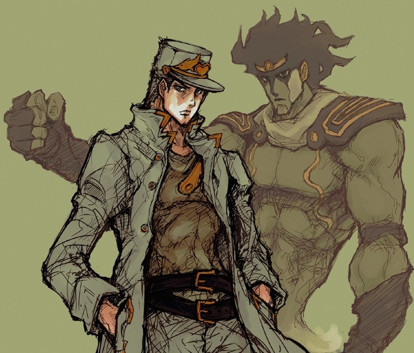 deku (not equal), kuujou joutarou, star platinum, jojo no kimyou na bouken, stardust crusaders, commentary request, 1boy, black hair, clenched hand, closed mouth, hand in pocket, hat, long coat, long sleeves, looking at viewer, male focus, pants, shirt, short hair, simple background, sketch, stand (jojo)