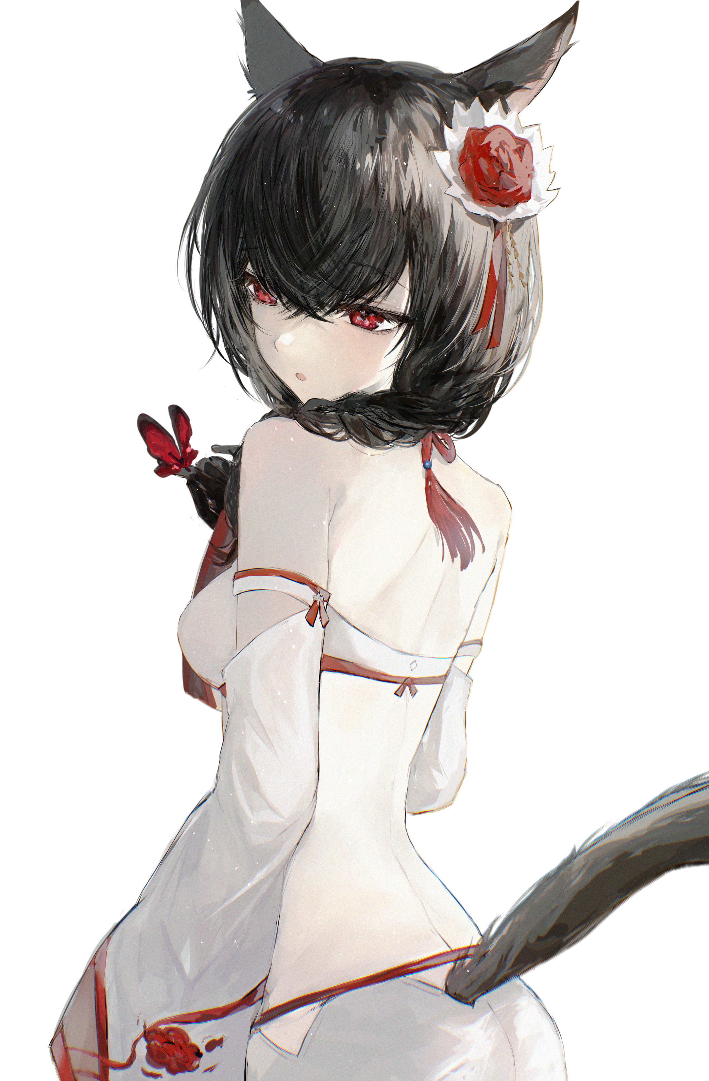hachi0047, warrior of light (ff14), final fantasy, final fantasy xiv, absurdres, highres, 1girl, animal ears, bandeau, bare shoulders, black gloves, black hair, braid, breasts, cat ears, cat girl, cat tail, detached sleeves, flower, gloves, hair flower, hair ornament, miqo'te, red eyes, simple background, skirt, solo, tail, white background, white bandeau, white skirt, white sleeves