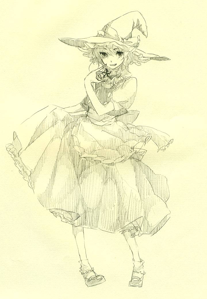 sugi, kirisame marisa, touhou, bad id, bad pixiv id, traditional media, 1girl, female focus, hat, monochrome, sketch, solo, witch, witch hat, yellow background, yellow theme