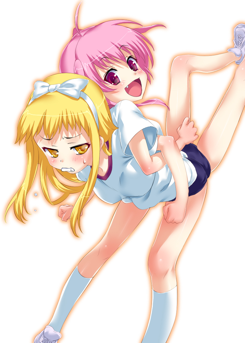 hisasi, white legwear, source request, 2girls, :d, ahoge, back-to-back, blonde hair, blush, buruma, clenched teeth, fang, gym uniform, kneehighs, lifting person, locked arms, multiple girls, no socks, open mouth, pink eyes, pink hair, smile, socks, stretching, teeth, yellow eyes