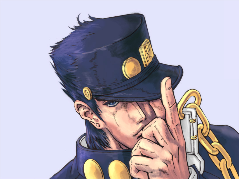 kansou ki ne cha dame, maawwmaa, kuujou joutarou, jojo no kimyou na bouken, stardust crusaders, 1boy, chain, expressionless, grey background, hand (symbol), hand on headwear, hat, hat over one eye, hat tip, index finger raised, looking at viewer, male focus, peaked cap, simple background, solo, upper body