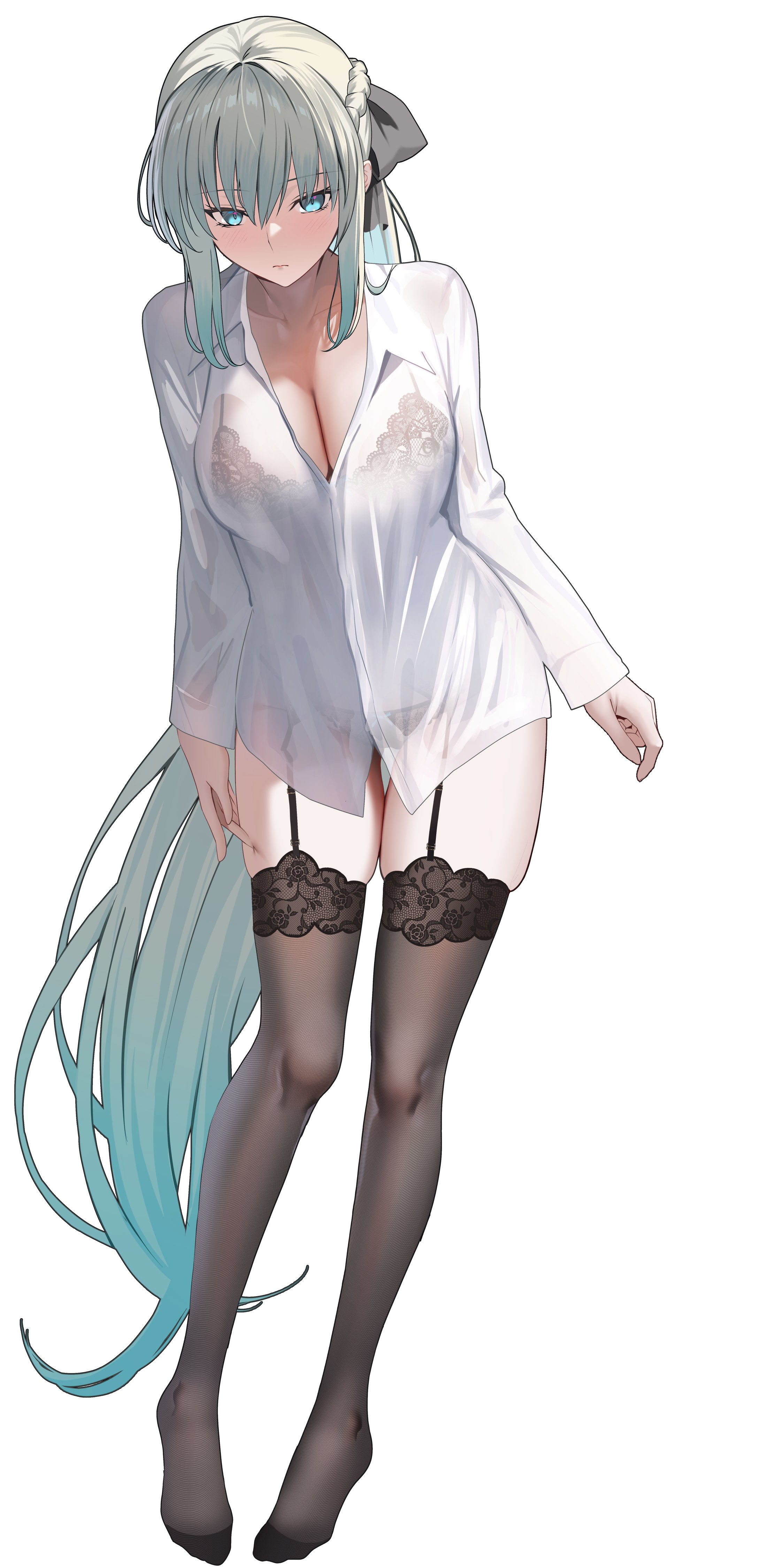 mishiro (ixtlolton), morgan le fay (fate), fate/grand order, fate (series), absurdres, commentary request, highres, 1girl, black bow, black bra, black panties, black thighhighs, blue eyes, blush, bow, bra, braid, breasts, cleavage, full body, garter straps, grey hair, hair bow, large breasts, long hair, long sleeves, looking at viewer, panties, ponytail, shirt, sidelocks, solo, thighhighs, underwear, very long hair, white shirt