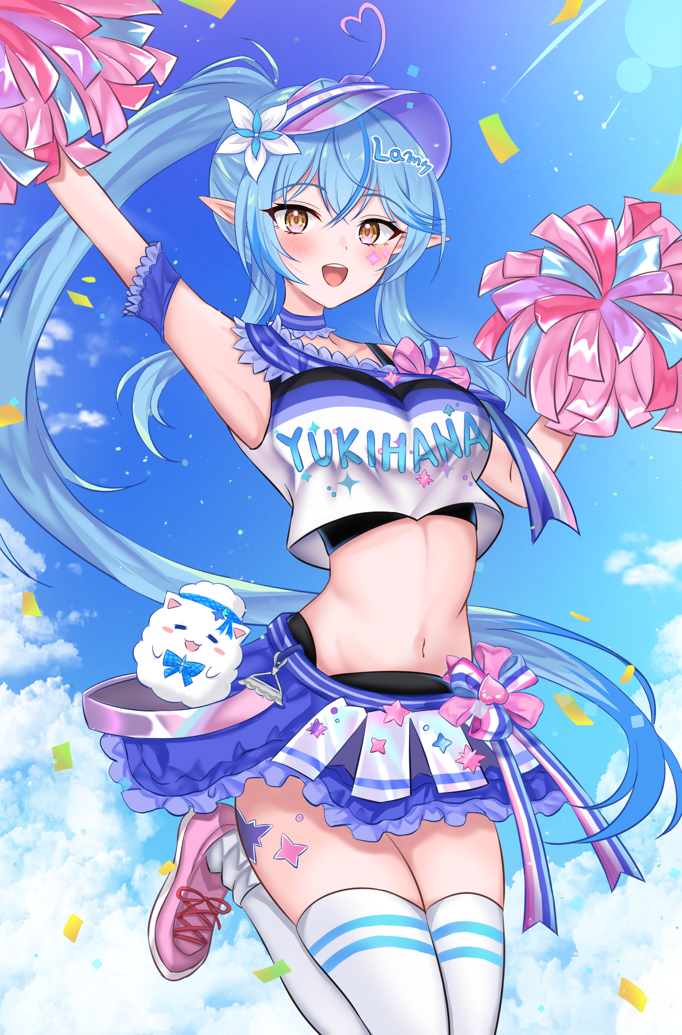 arlonn, yukihana lamy, hololive, commentary request, highres, 1girl, ahoge, aqua hair, arm up, armpits, blue choker, blue skirt, blue sky, blush, breasts, character name, cheerleader, choker, collarbone, crop top, elf, flower, hair between eyes, hair flower, hair ornament, heart, heart ahoge, jumping, long hair, looking at viewer, medium breasts, miniskirt, navel, open mouth, pink hair, pink shoes, pointy ears, pom pom (cheerleading), ponytail, shoes, skirt, sky, smile, solo, stomach, thighhighs, very long hair, virtual youtuber, visor cap, white flower, white thighhighs, yellow eyes