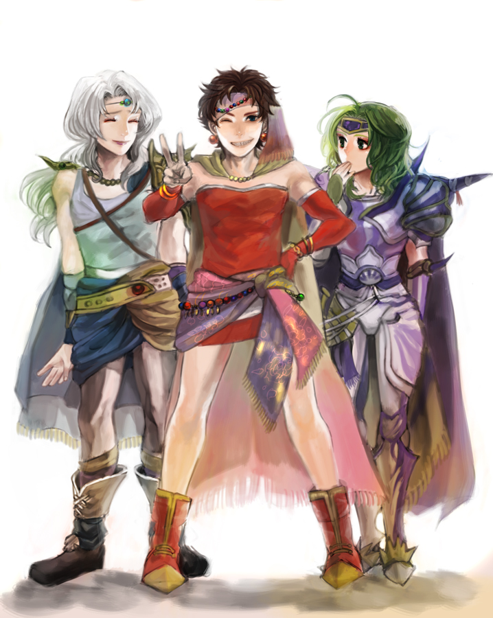 endou yuu, nanashi (pixiv), tsubame fuji (nanashi), bartz klauser, cecil harvey, tina branford, dissidia final fantasy, final fantasy, final fantasy iv, final fantasy v, final fantasy vi, bad id, bad pixiv id, 1girl, 2boys, amano yoshitaka design, armor, bartz klauser (cosplay), brown hair, cape, cecil harvey (cosplay), circlet, closed eyes, cosplay, costume switch, covering own mouth, crossdressing, green hair, hand over mouth, hand over own mouth, multiple boys, one eye closed, sash, shoulder pads, tina branford (cosplay), v, white hair, wink