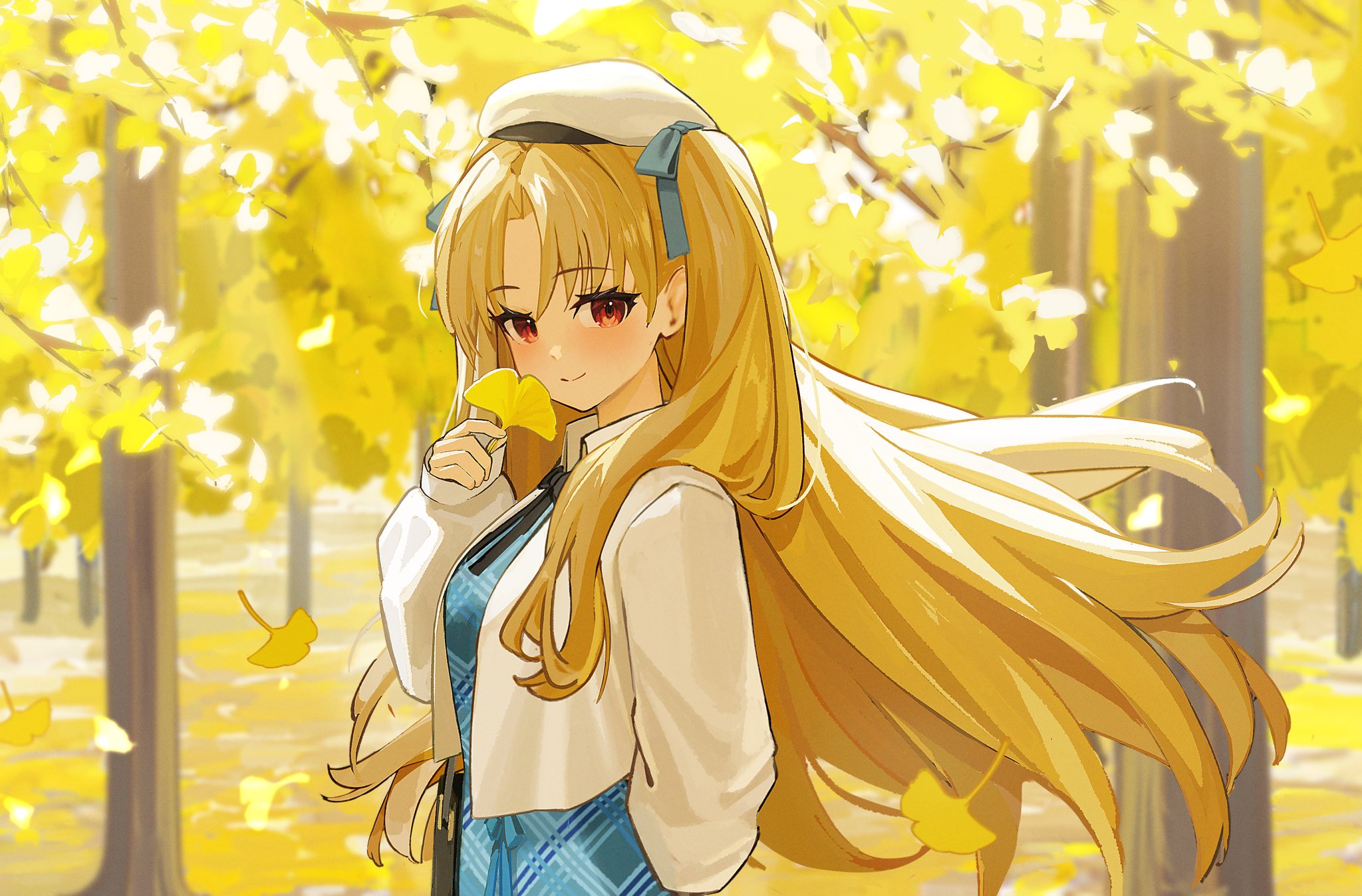 bomberca309, ereshkigal (fate), fate/grand order, fate (series), commentary request, highres, 1girl, autumn, beret, blonde hair, blue dress, blush, breasts, dress, hair ribbon, hat, jacket, leaf, long hair, long sleeves, looking at viewer, medium breasts, parted bangs, red eyes, ribbon, smile, solo, tree, two side up, white hat, white jacket