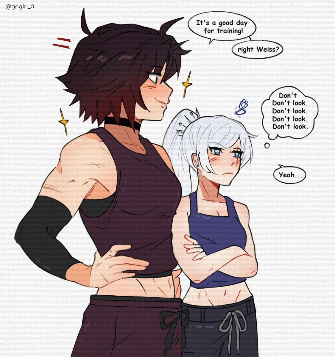 gogirl 0, ruby rose, weiss schnee, rwby, commentary, english commentary, highres, 2girls, black choker, black hair, blue eyes, blush, choker, crossed arms, elbow sleeve, english text, gradient hair, gym shorts, long hair, midriff, multicolored hair, multiple girls, ponytail, red hair, scar, scar across eye, scar on face, short hair, shorts, smile, tank top, white hair