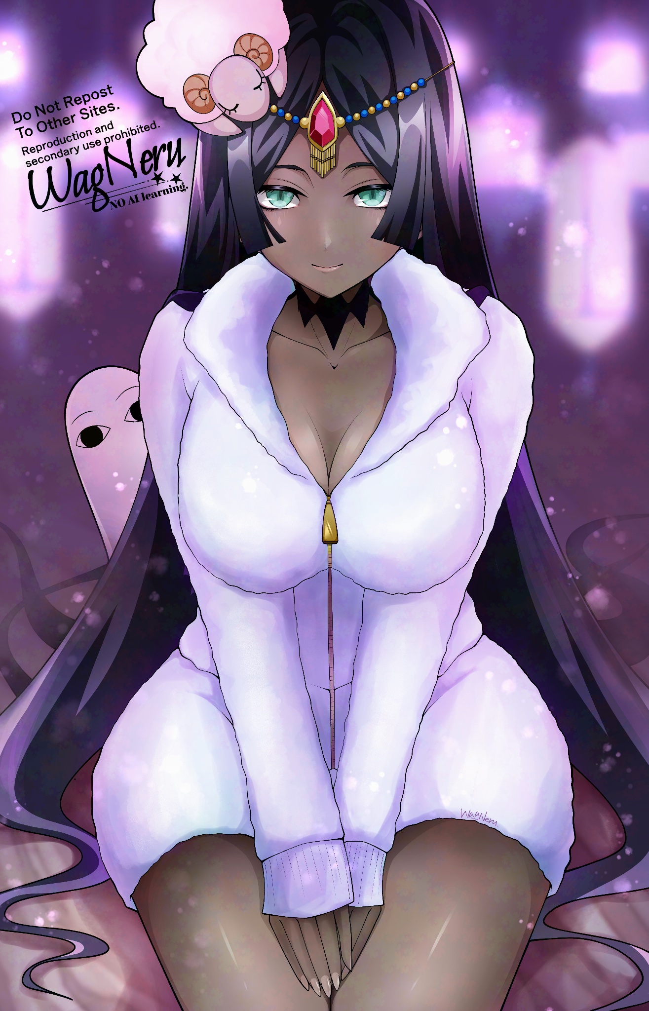 wagu neru, medjed (fate), scheherazade (fate), fate/grand order, fate (series), commentary request, highres, 1girl, black hair, breasts, choker, circlet, cleavage, dark-skinned female, dark skin, facial mark, forehead jewel, green eyes, hat, jacket, large breasts, long hair, looking at viewer, parted bangs, sitting, thighs, white jacket, zipper