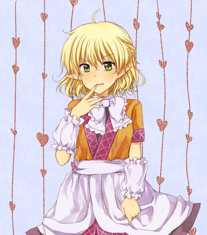 kutsushita, kutsushita (tokati r), mizuhashi parsee, touhou, bad id, bad pixiv id, 1girl, blonde hair, female focus, green eyes, heart, pointy ears, solo