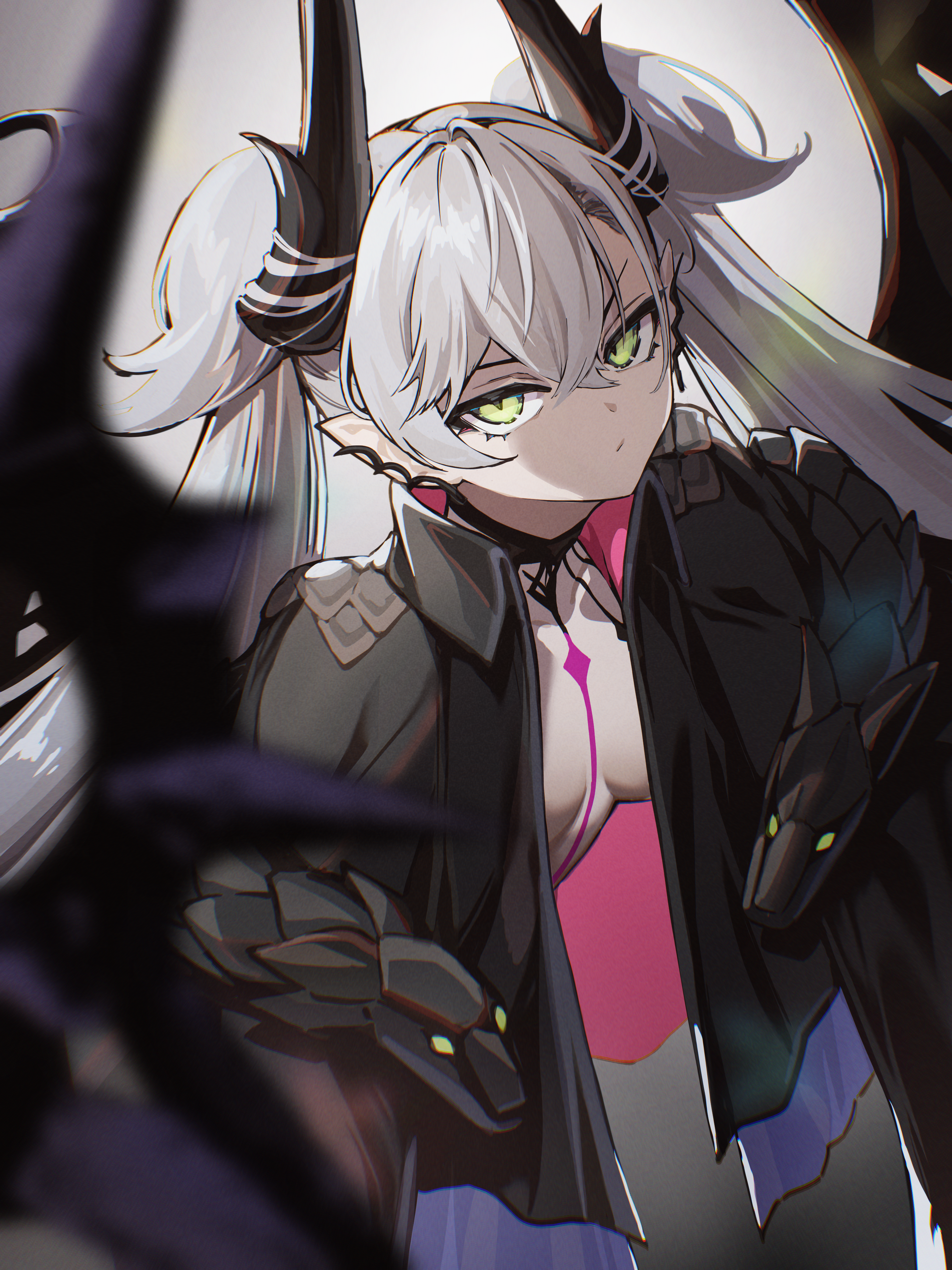 tyone, lilith (fate), lilith (second ascension) (fate), fate/grand order, fate (series), absurdres, commentary request, highres, 1girl, black cloak, body markings, breasts, choker, cloak, crossed bangs, demon girl, demon horns, demon wings, ear piercing, green eyes, grey hair, hair between eyes, horns, long hair, looking at viewer, medium breasts, piercing, pointy ears, solo, twintails, very long hair, wings