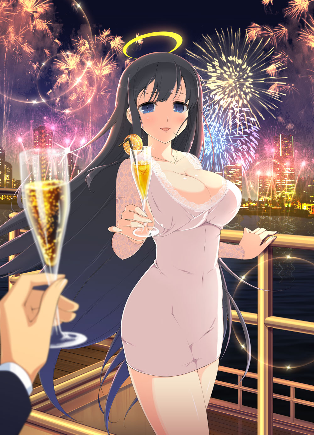 ryouki (senran kagura), senran kagura, senran kagura estival versus, senran kagura new wave, highres, official art, 1girl, aerial fireworks, alcohol, black hair, blue eyes, breasts, champagne, champagne flute, city, city lights, cleavage, covered navel, cup, dress, drink, drinking glass, drinking straw, fireworks, food, fruit, halo, holding, holding cup, jewelry, large breasts, long hair, looking at viewer, necklace, night, open mouth, orange (fruit), orange slice, pov, pov dating, pov hands, smile, solo focus, traditional halo, very long hair