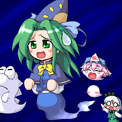 myonde, boo (mario), eerie, eerie (super mario world), konpaku youmu, konpaku youmu (ghost), mima (touhou), saigyouji yuyuko, mario (series), nintendo, super mario world, super marisa world, touhou, touhou (pc-98), lowres, 2girls, :o, = =, ^ ^, arm up, blue background, blush, blush stickers, bow, bowtie, buttons, capelet, closed eyes, crossover, flying, ghost, green eyes, green hair, hairband, hat, hitodama, long hair, long sleeves, multiple girls, no pupils, o o, oekaki, open mouth, parody, pink hair, short hair, skirt, skirt set, sweatdrop, vest, white hair, wizard hat