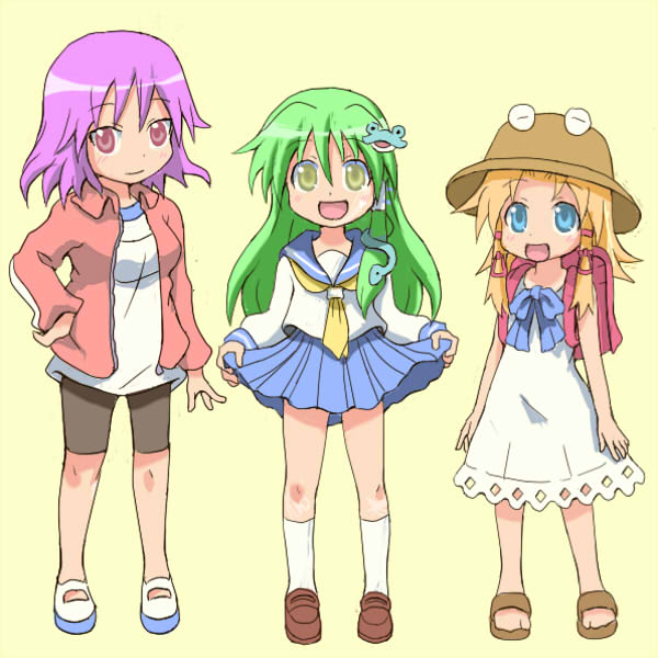 lee (monsterheart), kochiya sanae, moriya suwako, yasaka kanako, touhou, 3girls, alternate costume, backpack, bag, breasts, chibi, dress, female focus, full body, hat, multiple girls, randoseru, school uniform, serafuku, simple background, skirt