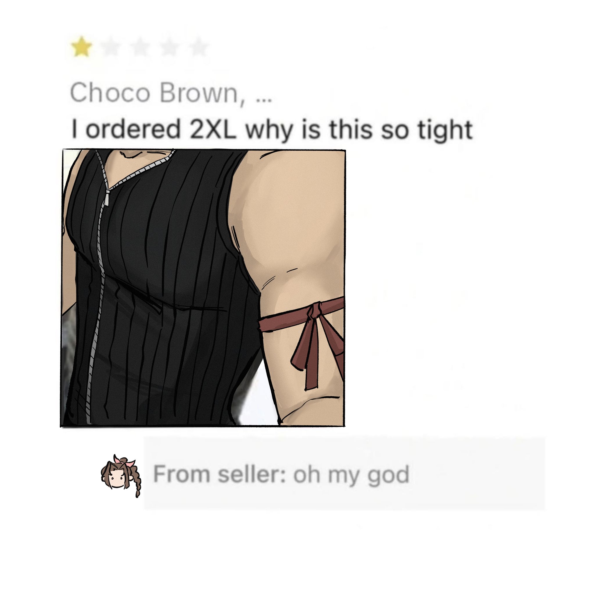 aerith gainsborough, cloud strife, final fantasy, final fantasy vii, final fantasy vii: advent children, commentary, derivative work, english commentary, highres, 1boy, 1girl, arm ribbon, bare shoulders, black vest, braid, braided ponytail, brown hair, cropped torso, english text, hair ribbon, male focus, parted bangs, pink ribbon, ribbon, sageixx, selfie, tight clothes, upper body, vest