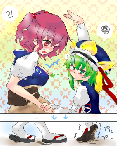 onozuka komachi, shiki eiki, touhou, white legwear, lowres, !?, 2girls, :o, beads, blush, breasts, female focus, frills, green eyes, green hair, hair beads, hair ornament, hat, holding hands, large breasts, loafers, mob cap, motion lines, multiple girls, open mouth, red eyes, red hair, sandals, shoes, short hair, socks, speech bubble, spoken squiggle, squiggle, sweatdrop, tabi, tears, tiptoes, trembling, zouri