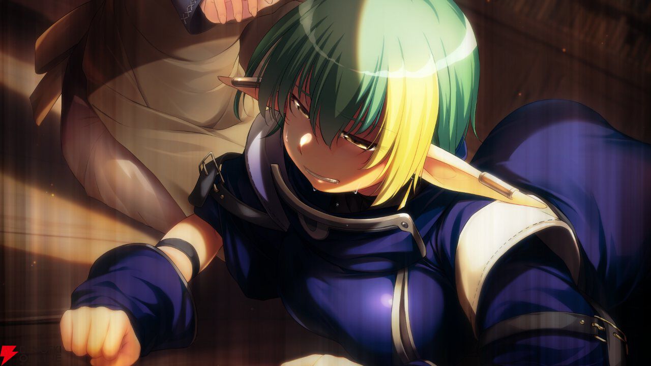 atelier-moo, elle louise, yuukyuu gensoukyoku, game cg, official art, second-party source, 2girls, apron, arisa astia, blonde hair, blue dress, blurry, blurry background, bookshelf, breasts, brown apron, brown skirt, clenched hands, clenched teeth, dress, elf, gradient hair, green hair, hair between eyes, half-closed eyes, indoors, large breasts, long pointy ears, long sleeves, lower body, lying, multicolored hair, multiple girls, on stomach, pointy ears, short hair, sitting, skirt, sweat, teeth, upper body, wooden floor, yellow eyes, yuukyuu gensoukyoku revival