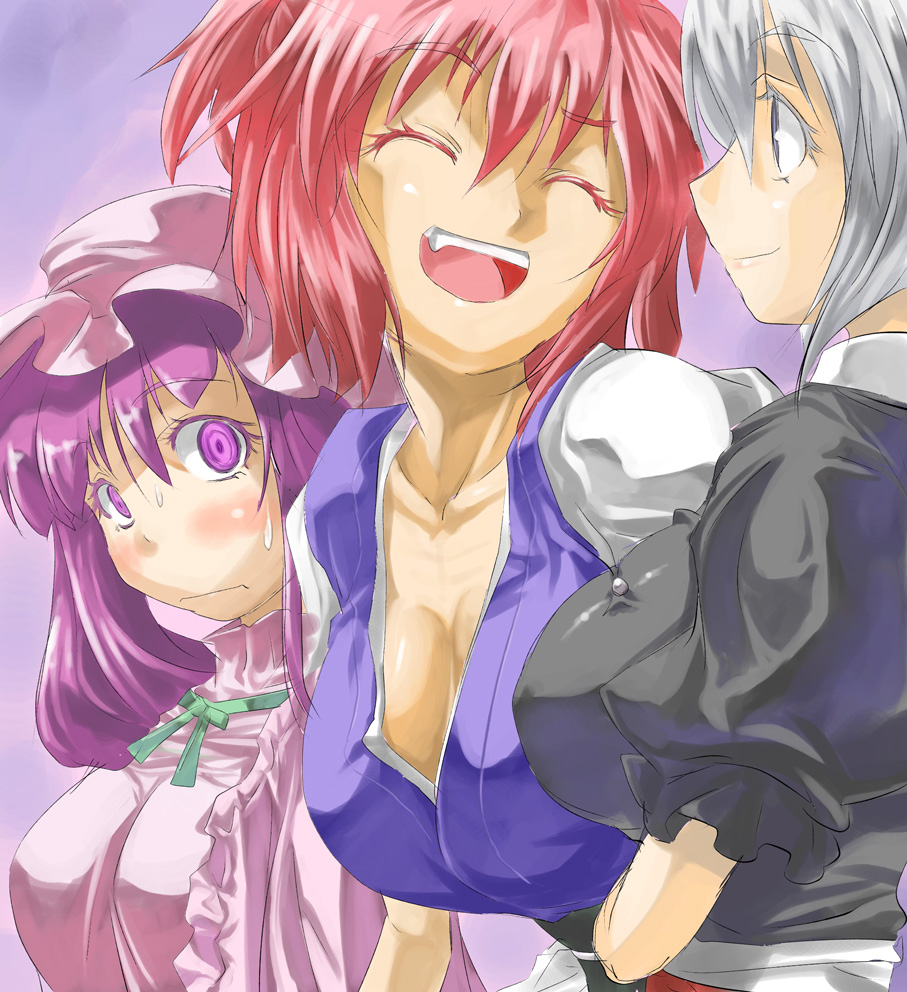 yohane, onozuka komachi, patchouli knowledge, yagokoro eirin, touhou, 3girls, blush, breasts, cleavage, female focus, gradient background, hat, large breasts, multiple girls, red hair, upper body