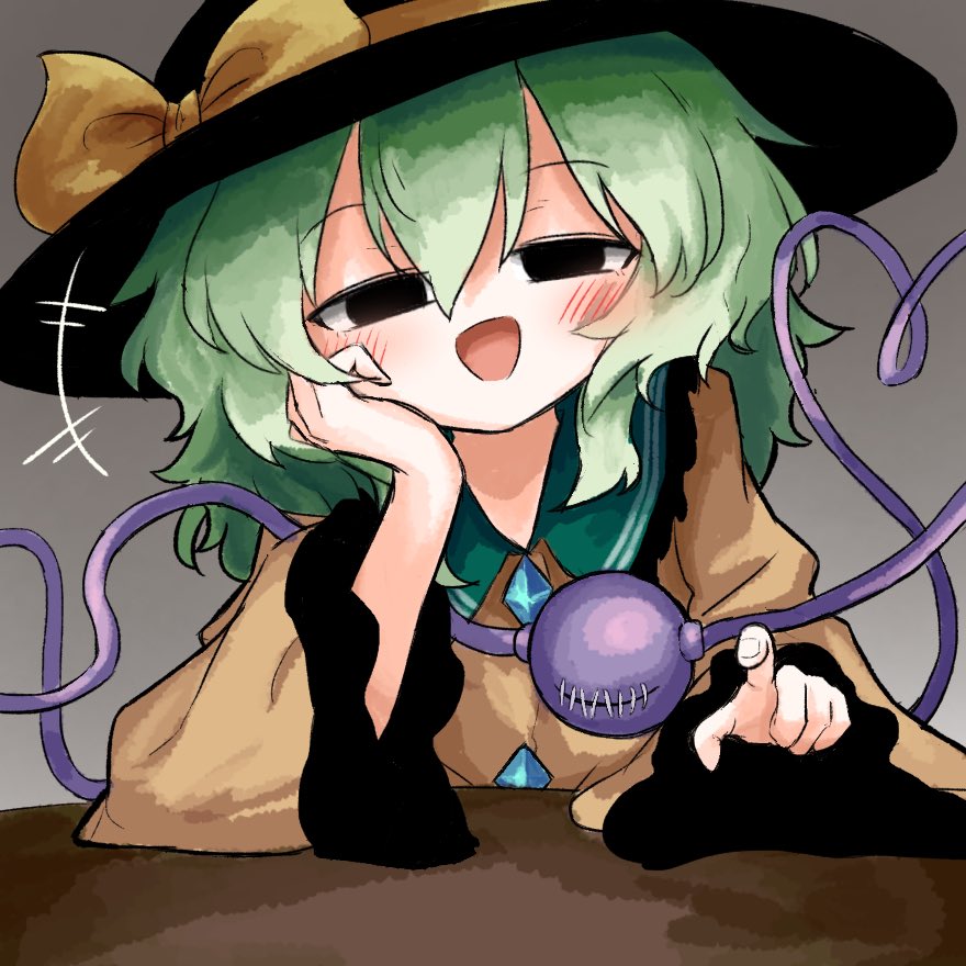 heripantomorrow, komeiji koishi, touhou, 1girl, black eyes, black hat, blush, bow, buttons, diamond button, elbow rest, eyeball, frilled shirt collar, frilled sleeves, frills, green hair, hand on own cheek, hand on own face, hat, hat bow, hat ribbon, head rest, heart, heart of string, pointing, pointing at viewer, ribbon, shirt, smile, smug, stitched eye, table, third eye, wide sleeves, yellow bow, yellow ribbon, yellow shirt