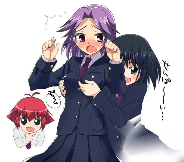 kajiki yumi, kanbara satomi, touyoko momoko, saki (manga), 00s, 3girls, ^^^, blazer, blush, breasts, grabbing another's breast, groping, jacket, medium breasts, multiple girls, school uniform, simple background, white background, yuri