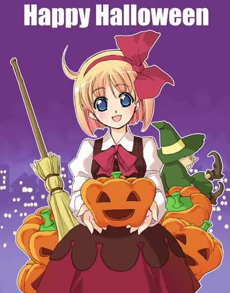 tessai, original, bad id, bad pixiv id, 1girl, blonde hair, broom, female focus, hair ribbon, halloween, happy halloween, jack-o'-lantern, pumpkin, purple background, ribbon, short hair, solo, witch