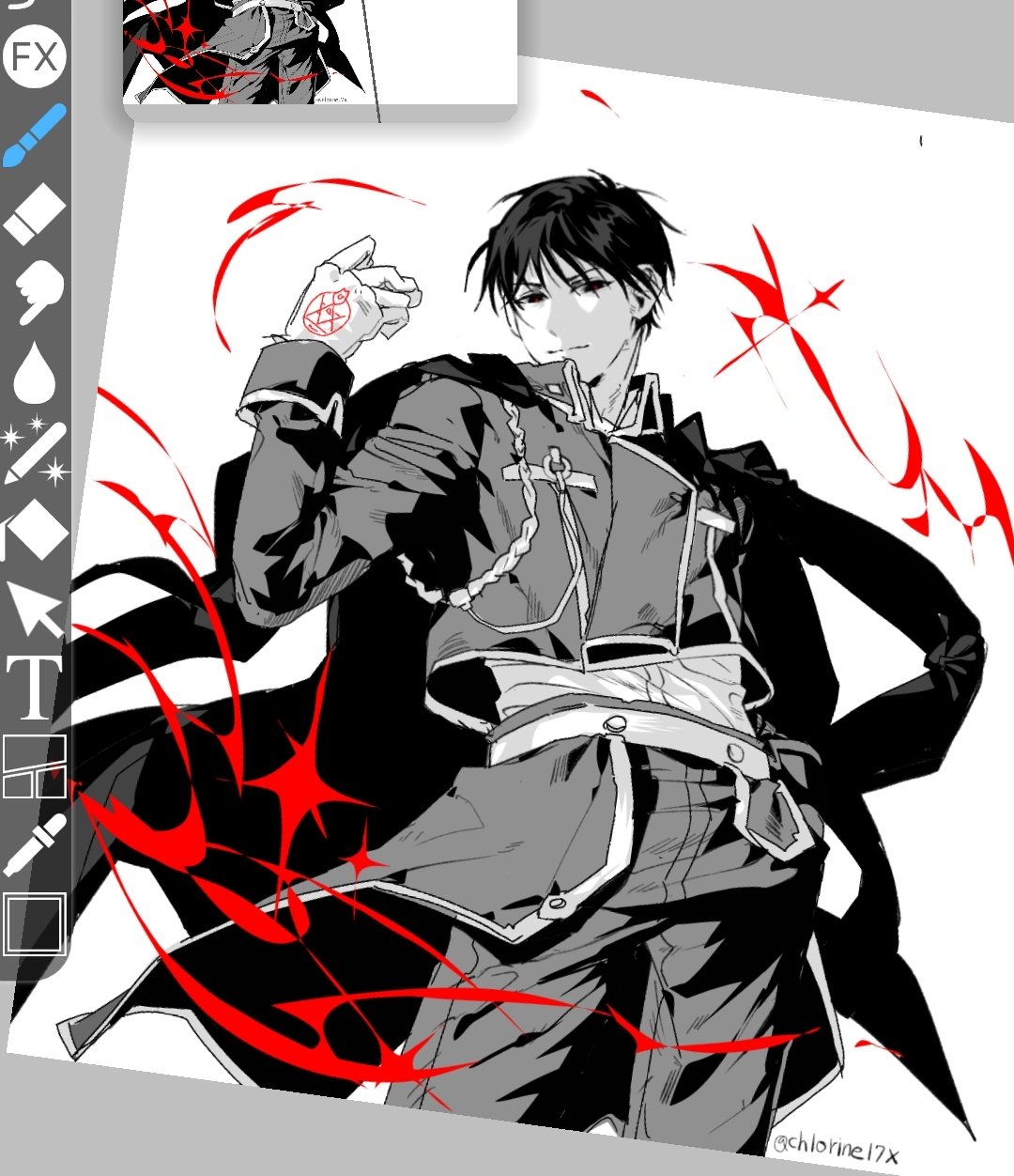 roy mustang, fullmetal alchemist, highres, 1boy, art program in frame, black coat, black hair, chlorine17x, closed mouth, coat, coat on shoulders, cowboy shot, gloves, hair between eyes, jacket, male focus, military jacket, military uniform, monochrome, short hair, solo, spot color, twitter username, white background, white gloves