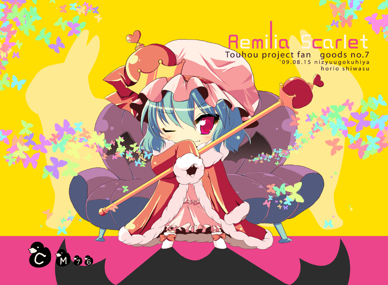 shiwasu horio, remilia scarlet, touhou, silver hair, 1girl, blue hair, blush, chibi, coat, fang, female focus, full body, fur trim, hat, holding, mob cap, red eyes, scepter, short hair, solo, standing, star (symbol), tareme