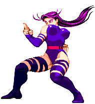psylocke, capcom, marvel, marvel vs. capcom, x-men, animated, animated gif, lowres, 1girl, belt, boots, bouncing breasts, breasts, covered erect nipples, elbow gloves, female focus, fighting stance, fingerless gloves, gloves, large breasts, leotard, long hair, pixel art, purple hair, solo, thigh boots, thighhighs