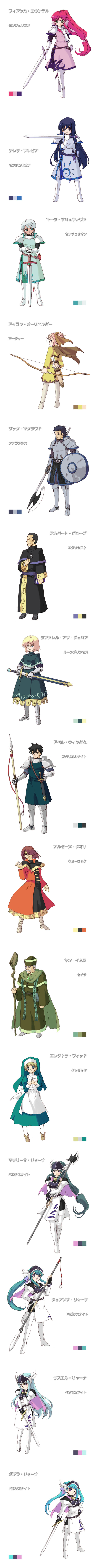 tessai, original, absurdres, bad id, bad pixiv id, highres, long image, tall image, 4boys, 6+girls, axe, bow (weapon), cross, fantasy, multiple boys, multiple girls, polearm, staff, sword, warrior, weapon