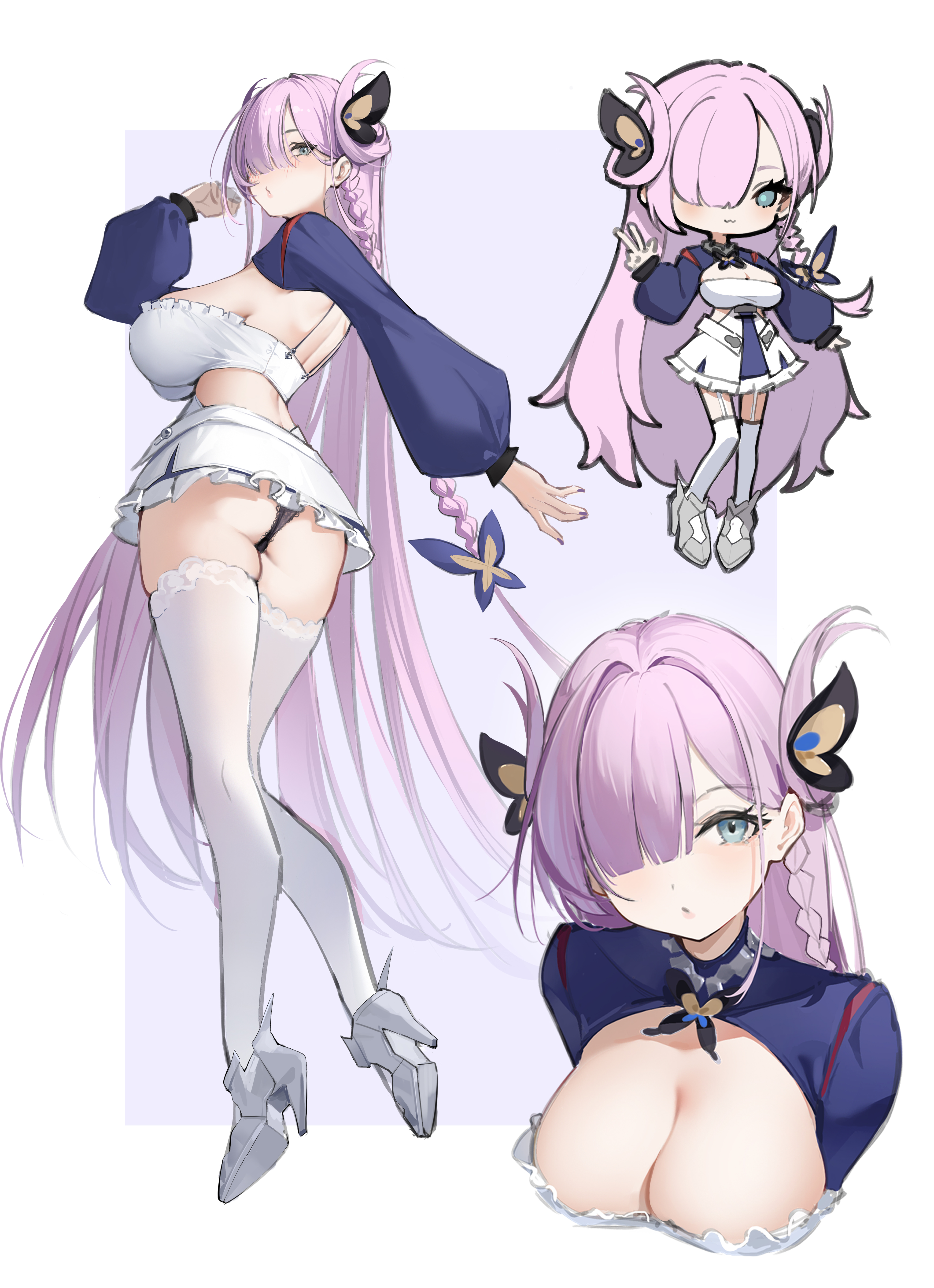 red plate (kyuu45), louisville (azur lane), azur lane, absurdres, commentary request, highres, 1girl, :3, ass, black panties, blue eyes, braid, breasts, butterfly hair ornament, cleavage, expressionless, garter straps, grey shoes, hair ornament, hair over one eye, high heels, large breasts, long hair, looking at viewer, multiple views, panties, parted lips, pink hair, purple background, purple nails, shoes, simple background, smile, thighhighs, underwear, v, white garter straps, white thighhighs