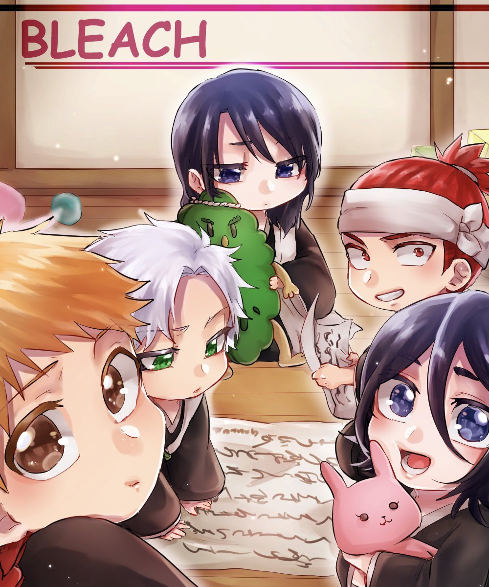 1046sstep btoh, abarai renji, hitsugaya toushirou, kuchiki byakuya, kuchiki rukia, kurosaki ichigo, bleach, commentary request, highres, 1girl, 4boys, black hair, blue eyes, brown eyes, chibi, copyright name, green eyes, hair between eyes, haori, holding, holding paper, holding stuffed toy, japanese clothes, multiple boys, open mouth, orange hair, paper, red eyes, red hair, seaweed ambassador, shihakusho, sitting, smile, stuffed animal, stuffed rabbit, stuffed toy, taichou haori, white hair