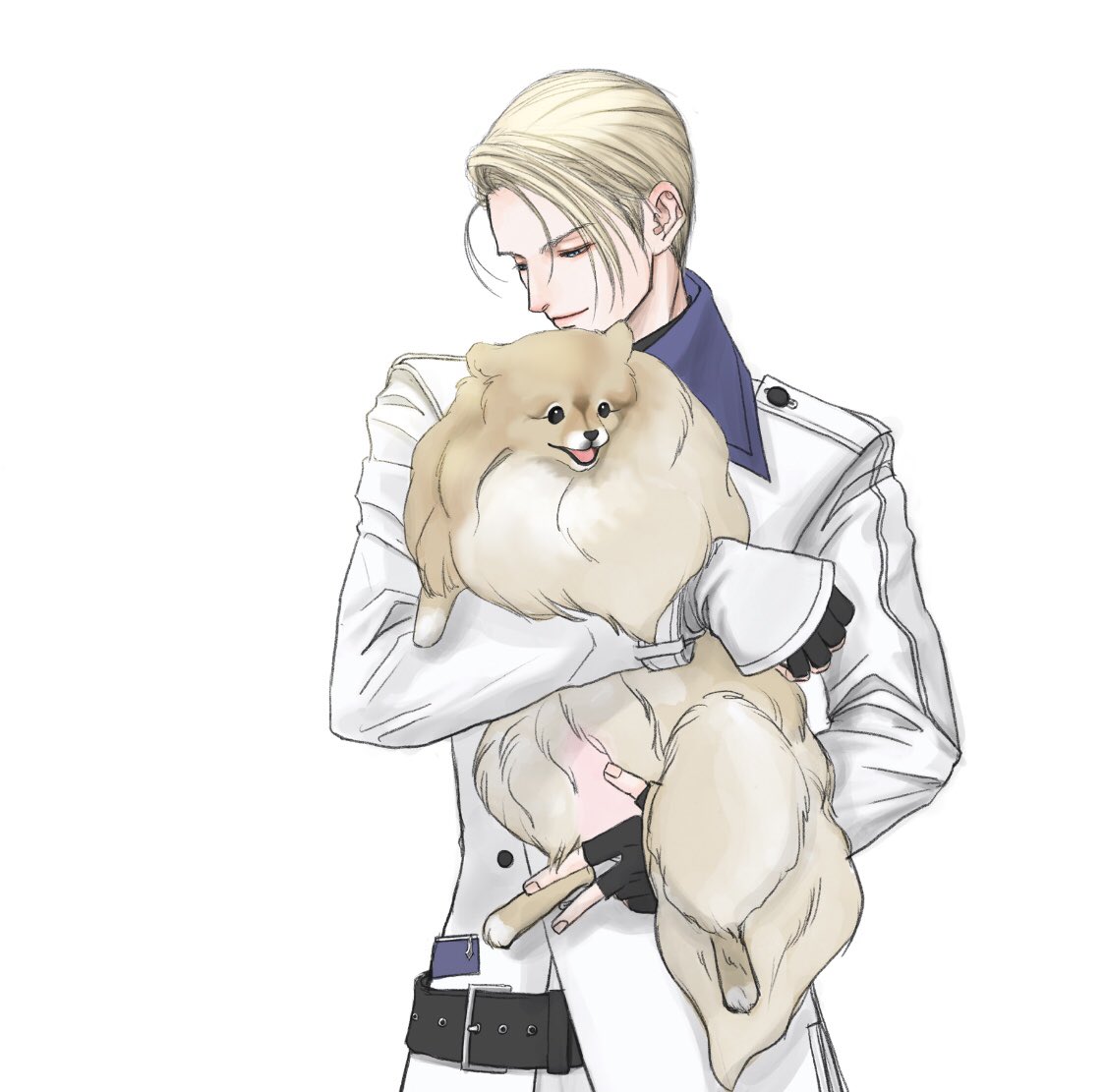 ws alte, rufus shinra, final fantasy, final fantasy vii, commentary request, korean commentary, 1boy, animal, belt, black belt, black gloves, black shirt, blonde hair, blue eyes, closed mouth, coat, collared shirt, cow, dog, fingerless gloves, gloves, half-closed eyes, holding, holding animal, holding dog, light smile, male focus, shirt, short hair, solo, swept bangs, white background, white coat