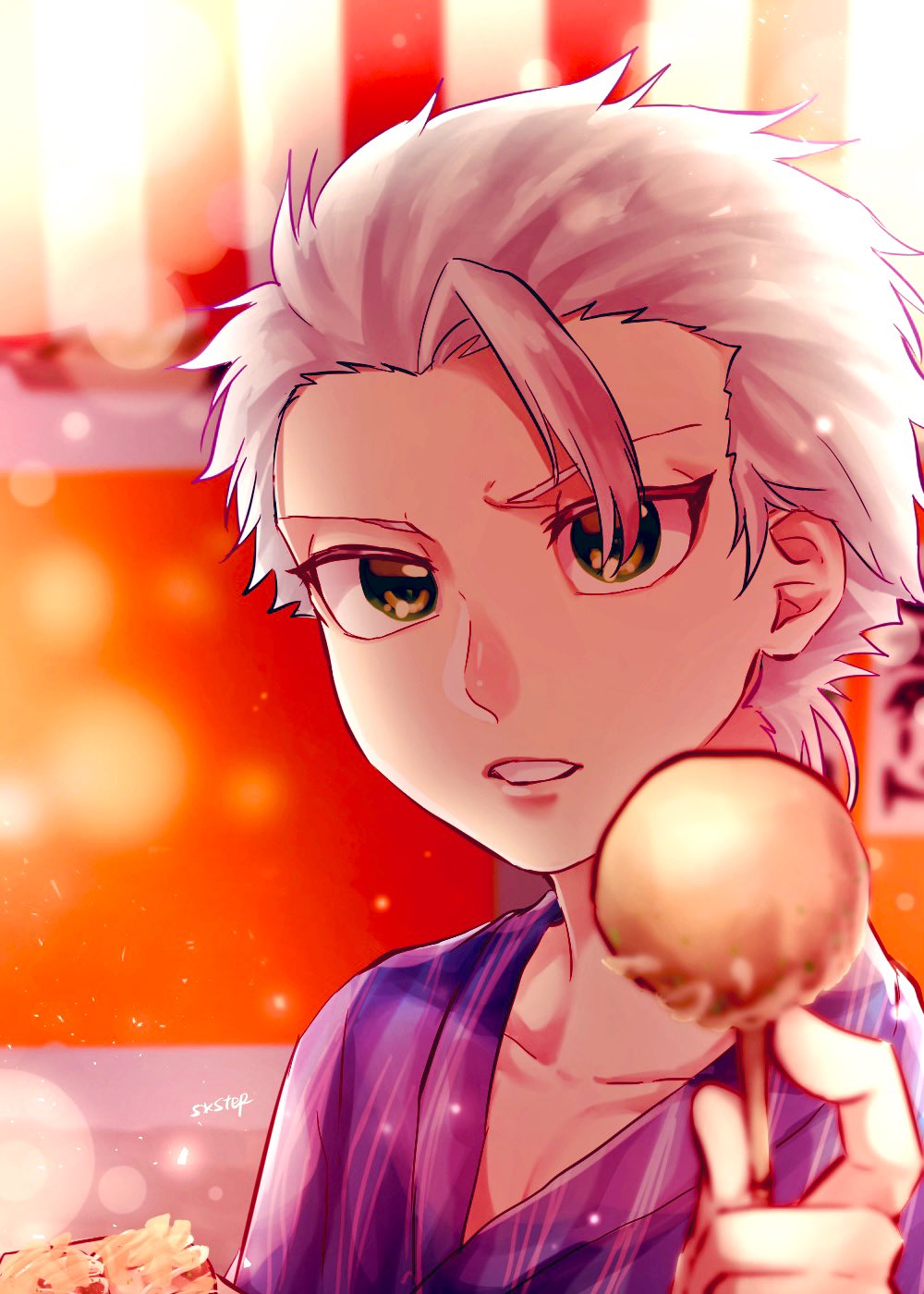 1046sstep btoh, hitsugaya toushirou, bleach, commentary request, highres, 1boy, blurry, collarbone, food, holding, holding food, japanese clothes, male focus, portrait, solo, striped clothes, takoyaki, white hair