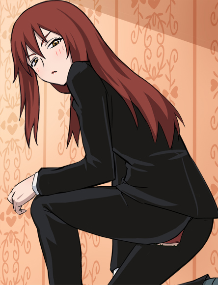 haruyama kazunori, juliano, juliano (fresh precure!), fresh precure!, precure, 00s, 1girl, blush, brown eyes, female focus, formal clothes, long hair, looking back, pant suit, panties, pants, pantyshot, red hair, solo, squatting, suit, torn clothes, torn pants, underwear, wardrobe malfunction