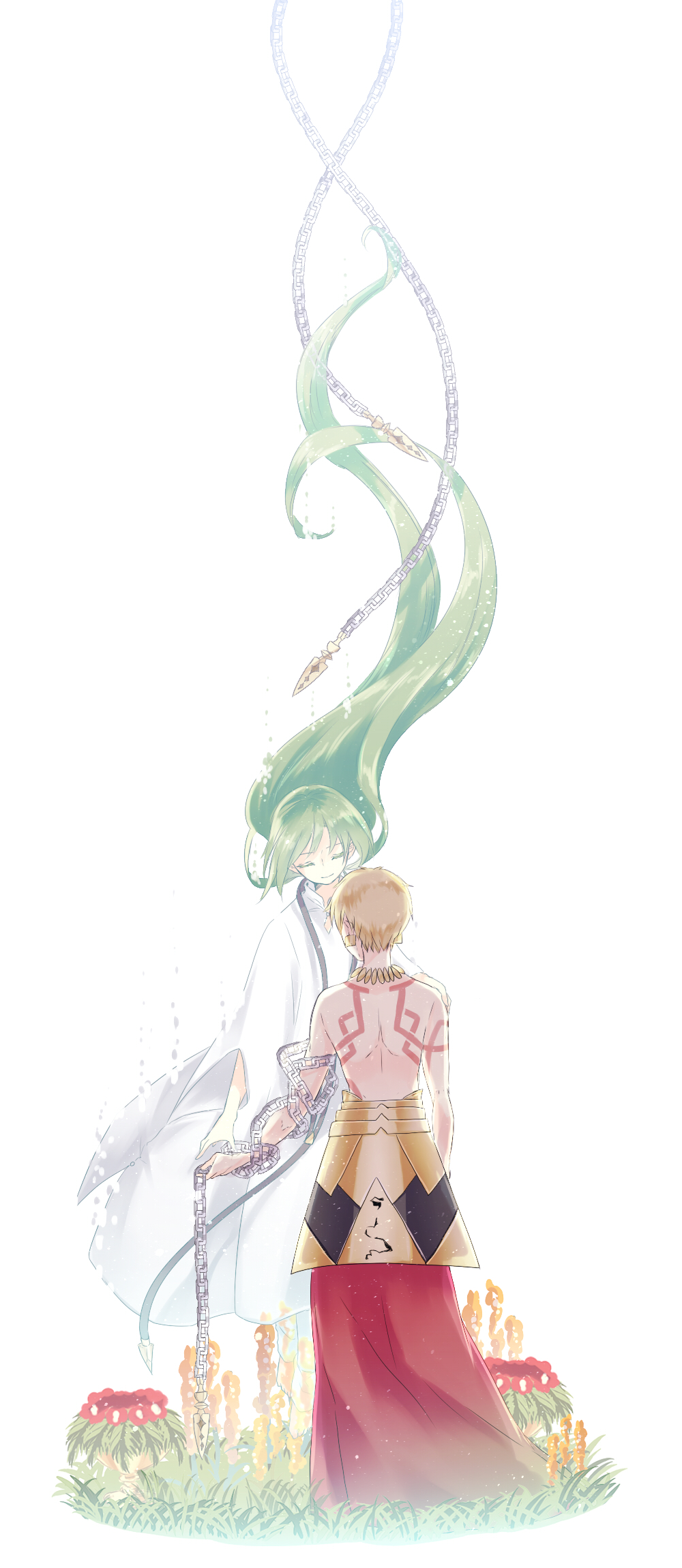 roku (ntbr fate), enkidu (fate), gilgamesh, gilgamesh (caster) (fate), gilgamesh (fate), fate/grand order, fate (series), commentary request, highres, 1boy, 1other, blonde hair, body markings, chain, closed eyes, closed mouth, dissolving, earrings, grass, holding, holding chain, jewelry, long hair, robe, short hair, smile, standing, white background, white robe