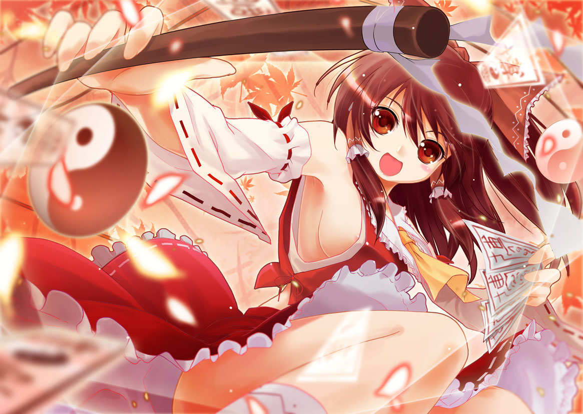 porurin (do-desho), hakurei reimu, touhou, 1girl, areola slip, armpits, breasts, danmaku, detached sleeves, female focus, gohei, japanese clothes, miko, nipple slip, nipples, sideboob, solo