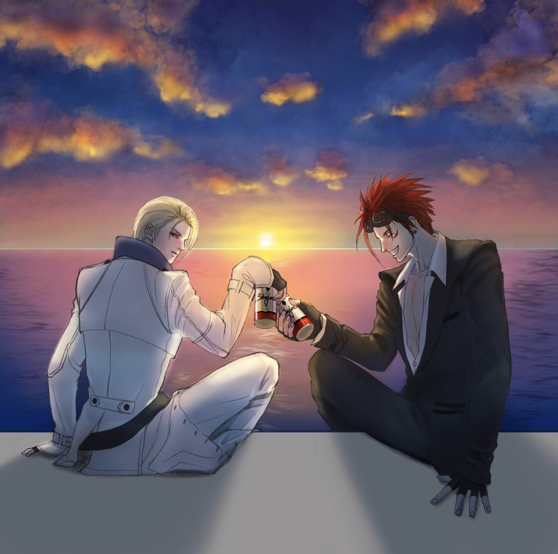 ws alte, reno (ff7), rufus shinra, final fantasy, final fantasy vii, commentary request, korean commentary, 2boys, black gloves, black jacket, black pants, black suit, blonde hair, can, closed eyes, coat, collared shirt, earrings, facial mark, fingerless gloves, formal clothes, gloves, goggles, goggles on head, grin, holding, holding can, jacket, jewelry, long coat, male focus, multiple boys, ocean, pants, red hair, shirt, short hair, single earring, sitting, smile, spiked hair, suit, suit jacket, sunset, swept bangs, toasting (gesture), white coat, white pants, white shirt