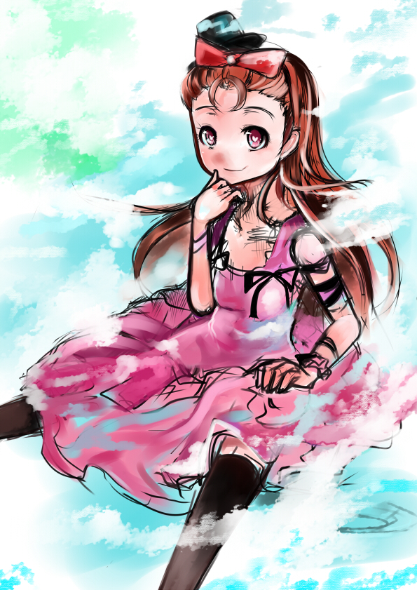 nerotarou, minase iori, idolmaster, idolmaster (classic), 00s, brown hair, dress, hair ribbon, hat, heart, long hair, ribbon, sitting, smile, solo, thighhighs, top hat