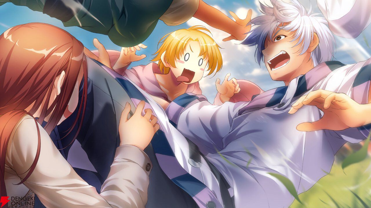 atelier-moo, aleph coulson, yuukyuu gensoukyoku, game cg, official art, second-party source, 0 0, 1boy, 3girls, ahoge, blonde hair, blush stickers, breasts, brown eyes, cloud, collarbone, empty eyes, hair between eyes, hands up, head out of frame, large breasts, leaf, licking lips, long hair, lying, multiple girls, on back, open hand, open hands, open mouth, outdoors, outstretched arms, pushing down, red hair, shirt, short hair, short sleeves, sky, spread fingers, striped hat, teeth, tongue, tongue out, v-shaped eyebrows, wavy mouth, white hair, yuukyuu gensoukyoku revival