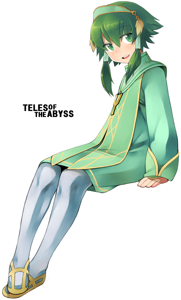 heisa, ion (tales), tales of (series), tales of the abyss, bad id, bad pixiv id, 00s, 1boy, androgynous, blush, copyright name, english text, engrish text, green eyes, green hair, hair tubes, male focus, matching hair/eyes, pantyhose, ranguage, short hair, short hair with long locks, solo, white background