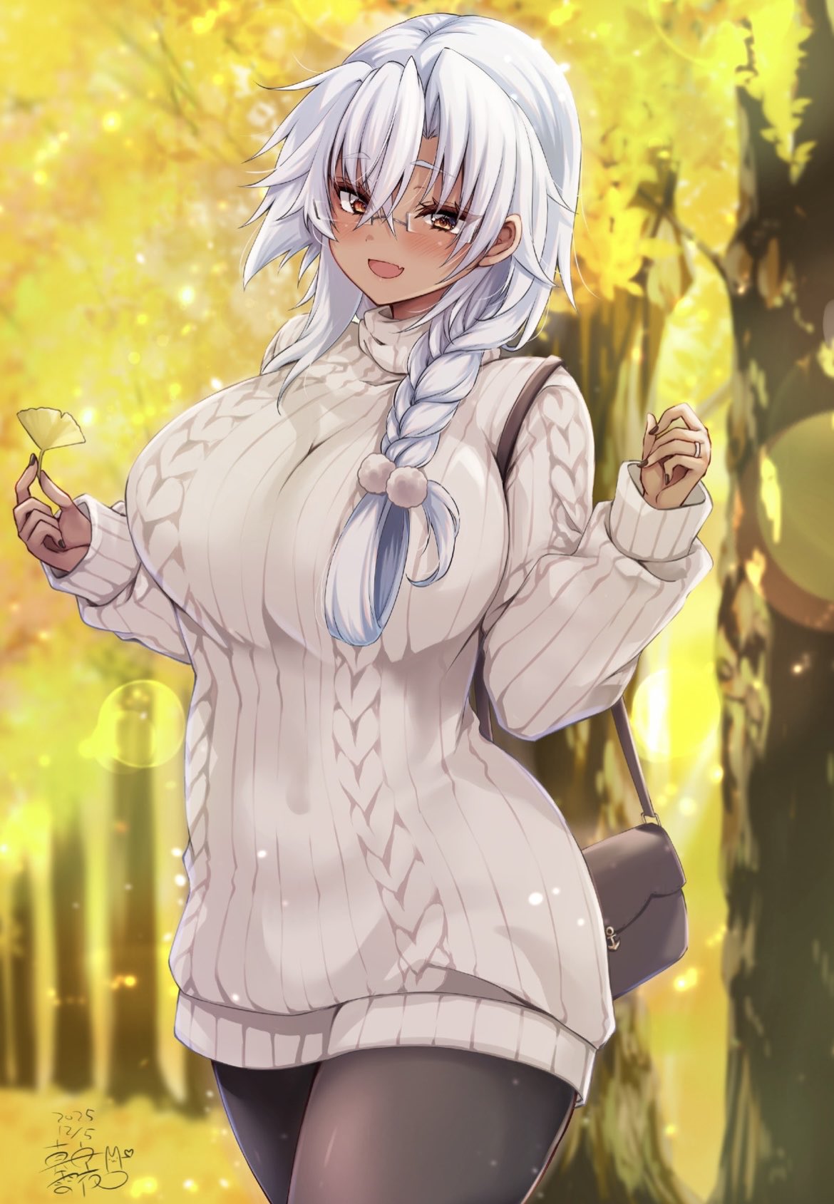 mashiro yukiya, musashi (kancolle), musashi kai ni (kancolle), kantai collection, commentary request, highres, 1girl, alternate costume, bag, black nails, black pantyhose, blush, breasts, brown eyes, dark-skinned female, dark skin, dated, day, dress, glasses, grey hair, hair between eyes, jewelry, large breasts, leaf, long hair, looking at viewer, outdoors, pantyhose, rectangular eyewear, ribbed dress, ring, semi-rimless eyewear, shoulder bag, signature, smile, solo, very long hair