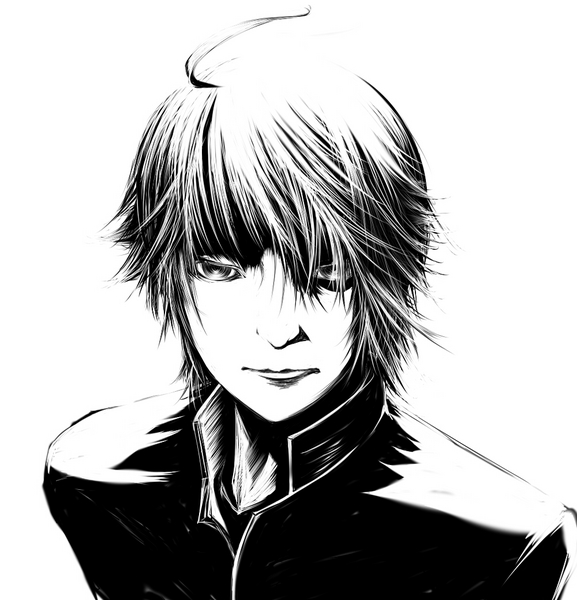 something-4570, something-4570 (pixiv), araragi koyomi, bakemonogatari, monogatari (series), pixiv sample, resized, 00s, monochrome, school uniform, short hair