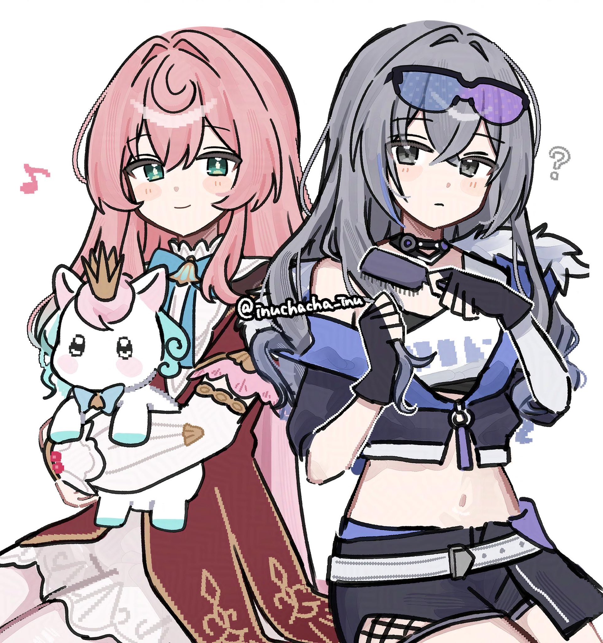 inuchacha inu, hyacine (honkai: star rail), little ica (honkai: star rail), silver wolf (honkai: star rail), honkai: star rail, honkai (series), commentary request, highres, 2girls, ?, animal, black shorts, brushing hair, dress, green eyes, grey eyes, grey hair, hair down, holding, holding animal, long hair, midriff, multiple girls, musical note, navel, pink hair, red dress, shorts, twitter username, white background