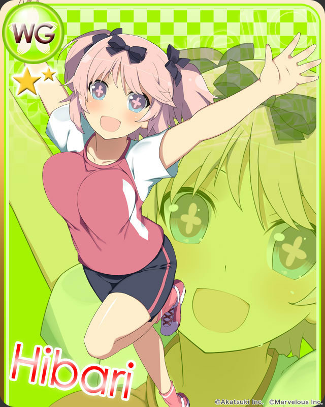 hibari (senran kagura), marvelous, senran kagura, senran kagura new wave, senran kagura shoujo-tachi no shin'ei, official art, + +, 1girl, :d, black shorts, blue eyes, blush, bow, breasts, card (medium), checkered background, collarbone, flower-shaped pupils, green background, gym shirt, gym shorts, gym uniform, hair bow, large breasts, looking at viewer, open mouth, outstretched arms, pink hair, pink pupils, red shirt, red shoes, red shorts, red socks, shirt, shoes, short hair, short sleeves, short twintails, shorts, smile, socks, solo, spread arms, sweat, symbol-shaped pupils, t-shirt, twintails, two-tone shirt, two-tone shorts, white shirt